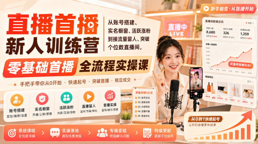 直播首播新人训练营｜从账号搭建、实名橱窗、活跃涨粉到接流量留人、突破个位数直播间，零基础首播全流程实操课-网创资源站