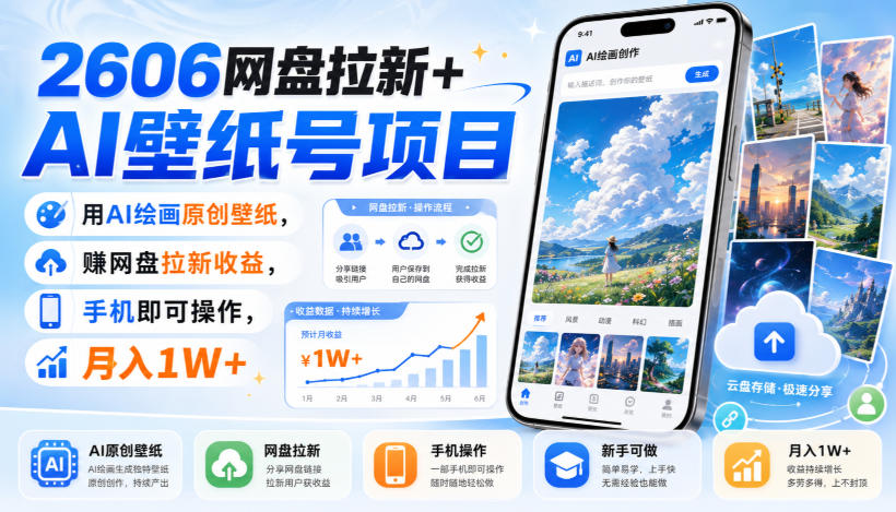 2606网盘拉新+AI壁纸号项目，用AI绘画原创壁纸，賺网盘拉新收益，手机即可操作，月入1W+-网创资源站