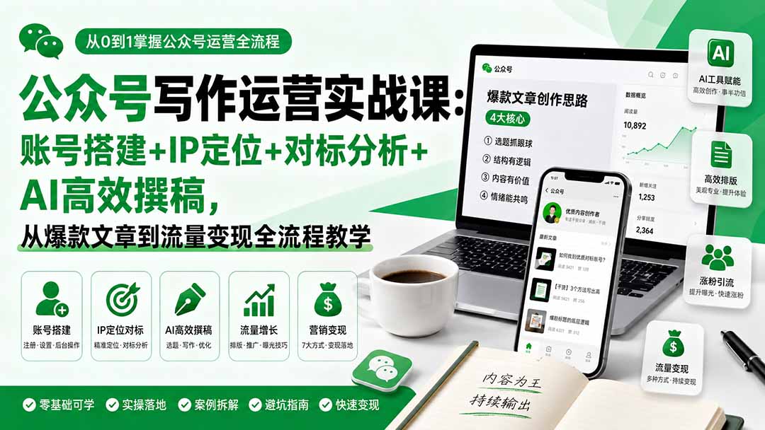 公众号写作运营实战课：账号搭建+IP定位+对标分析+AI高效撰稿，从爆款文章到流量变现全流程教学-网创资源站
