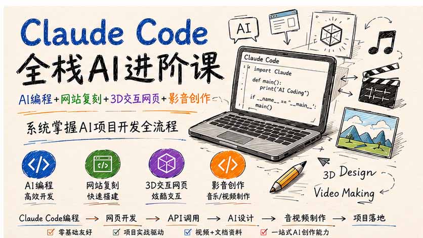 Claude Code全栈AI进阶课；AI编程+网站复刻+3D交互网页+影音创作，系统掌握AI项目开发全流程-网创资源站