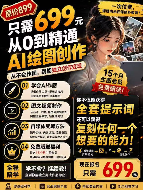抖音10W粉丝博主的AI绘图教学，从0到精通AI绘图创作，从不会作图到能独立创作变现-网创资源站