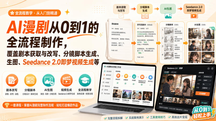AI漫剧从0到1的全流程制作，覆盖剧本获取与改写、分镜脚本生成、角色场景生图与三视图、Seedance 2.0即梦视频生成(PDF版)-网创资源站