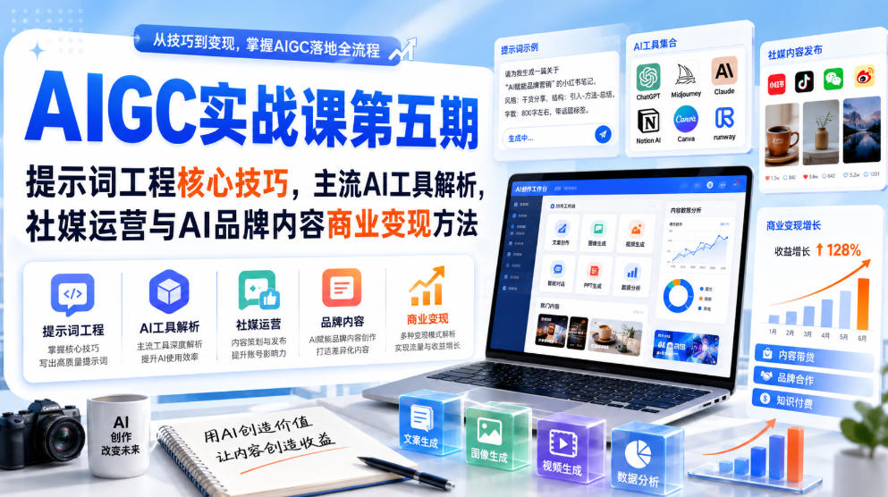 刺猬星球·AIGC实战课第五期，提示词工程核心技巧，主流AI工具解析，社媒运营与AI品牌内容商业变现方法-网创资源站
