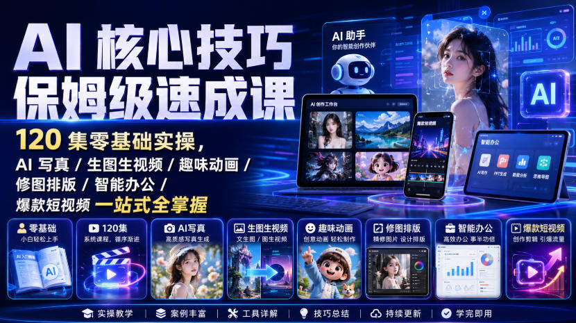 AI核心技巧保姆级速成课｜120集零基础实操，AI写真/生图生视频/趣味动画/修图排版/智能办公/爆款短视频一站式全掌握(更新)-网创资源站