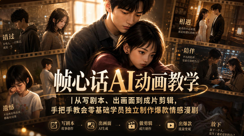帧心话AI动画教学｜从写剧本、出画面到成片剪辑，手把手教会零基础学员独立制作爆款情感漫剧-网创资源站