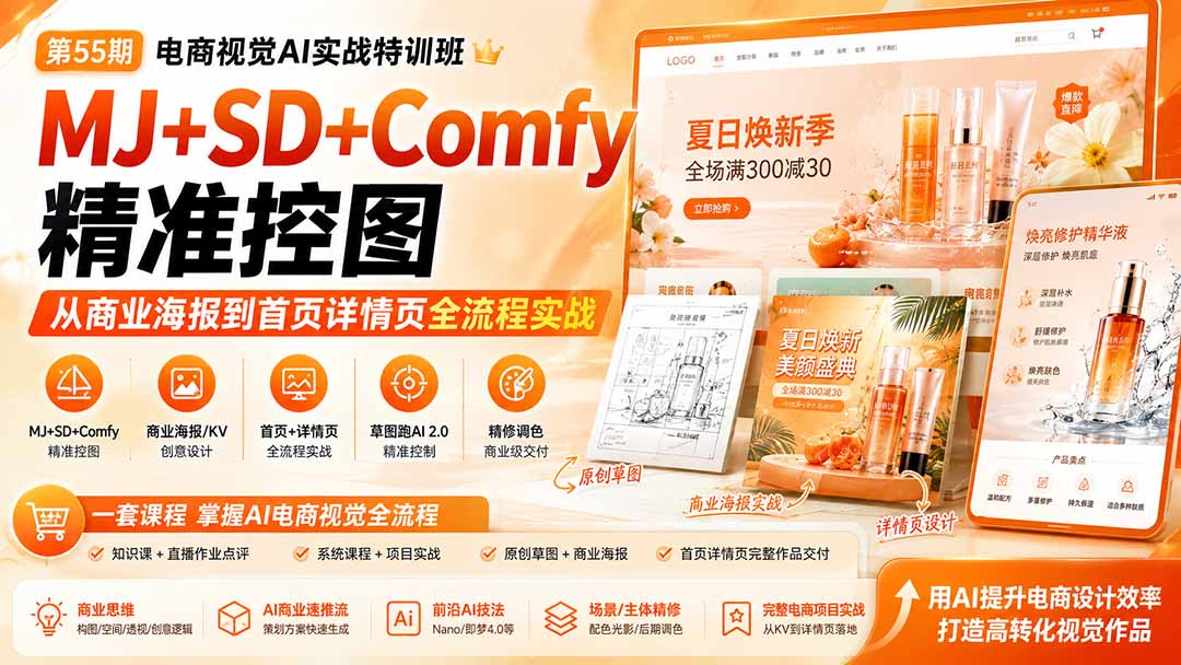 电商视觉 AI实战训练营第55期：MJ+SD+Comfy精准控图，从商业海报到首页详情页全流程实战-网创资源站