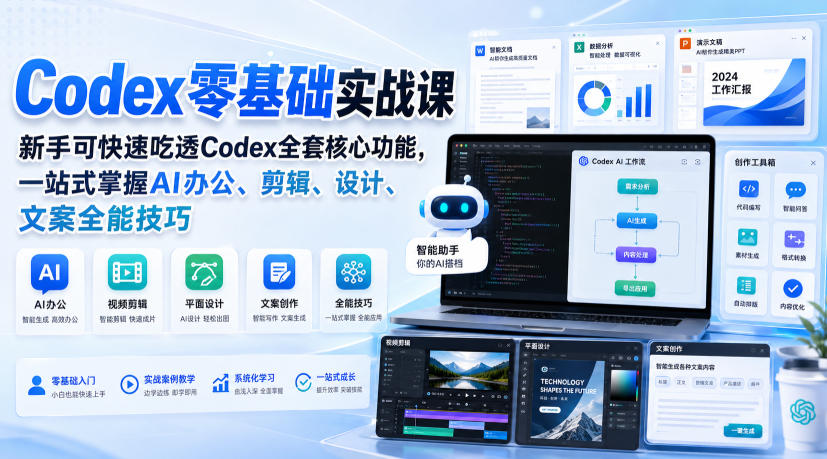 Codex零基础实战课，新手可快速吃透Codex全套核心功能，一站式掌握AI办公、剪辑、设计、文案全能技巧-网创资源站