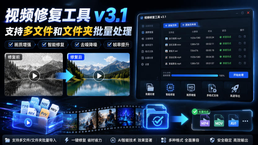 视频修复工具v3.1，支持多文件和文件夹批量处理-网创资源站