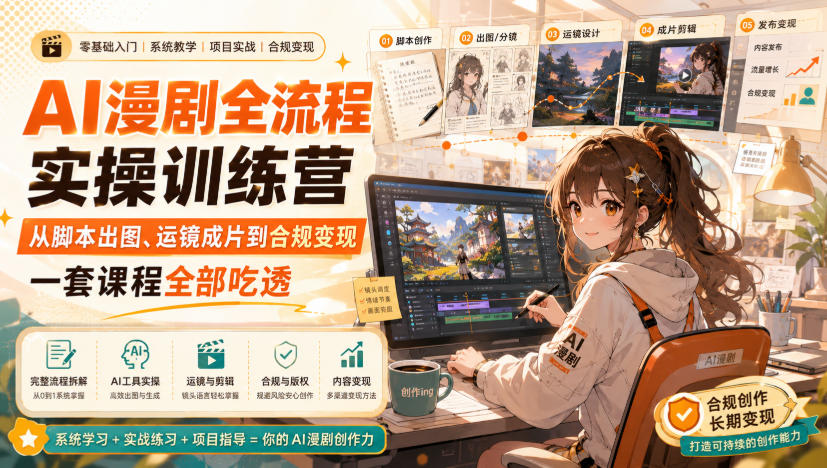 AI漫剧全流程实操训练营，从脚本出图、运镜成片到合规变现，一套课程全部吃透-网创资源站