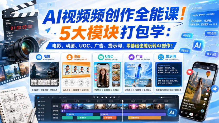 AI视频频创作全能课！5大模块打包学：电影、动画、UGC、广告、提示词，零基础也能玩转AI创作！【原创双语字幕】-网创资源站