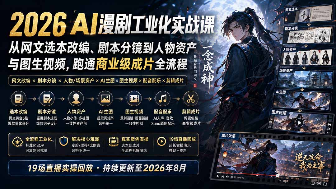 2026 AI漫剧工业化实战课-更新：从网文选本改编、剧本分镜到人物资产与图生视频，跑通商业级成片全流程-网创资源站
