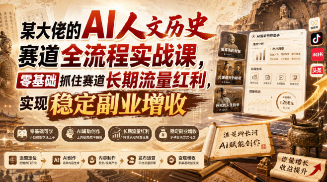 某大佬的AI人文历史赛道全流程实战课，零基础抓住赛道长期流量红利，实现稳定副业增收-网创资源站