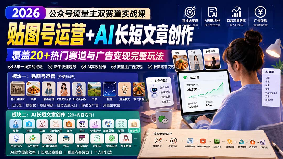 公众号流量主双赛道实战课：贴图号运营+AI长短文章创作，覆盖20+热门赛道与广告变现完整玩法-网创资源站