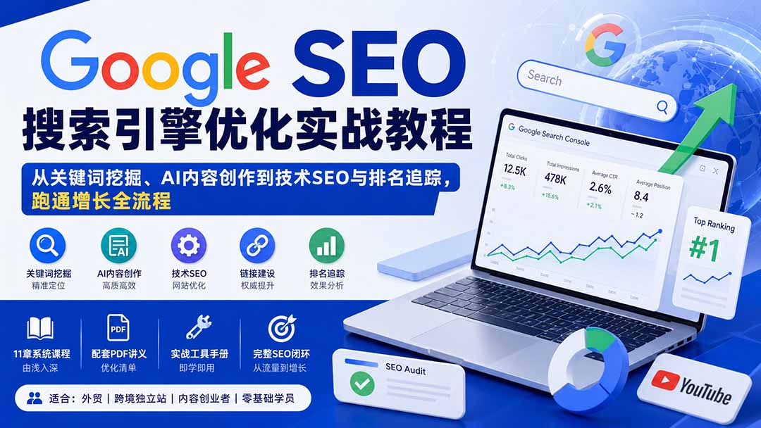 Google SEO搜索引擎优化实战教程：从关键词挖掘、AI内容创作到技术SEO与排名追踪，跑通增长全流程-网创资源站