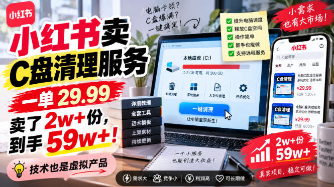 小红书卖C盘清理服务，一单29.99，卖了2w+份，技术也是虚拟产品-网创资源站