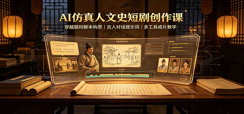 AI仿真人文史短剧创作课：穿越题材脚本构思，古人对话提示词，多工具成片教学-网创资源站