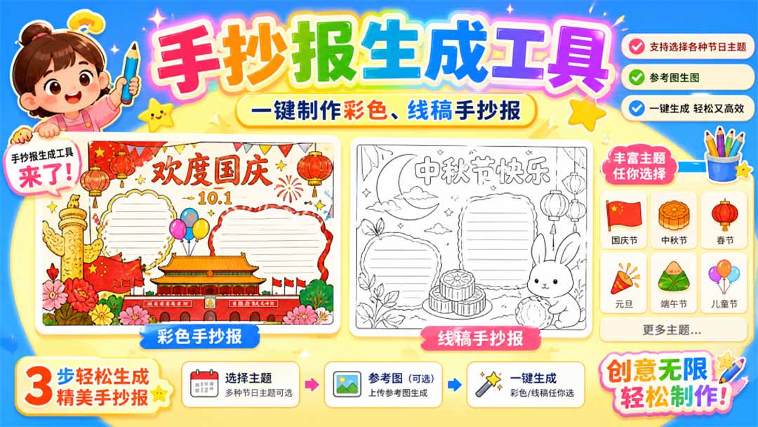 手抄报批量生成工具来了，完全免费，告别豆包生图，这个高清无水印-网创资源站