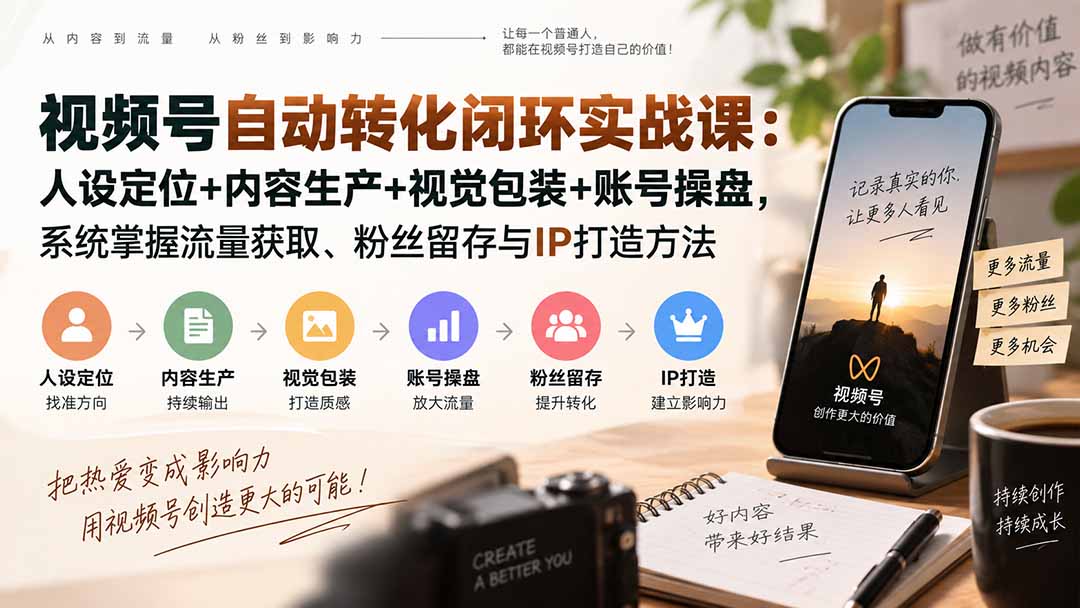 视频号自动转化闭环实战课：人设定位+内容生产+视觉包装+账号操盘，系统掌握流量获取、粉丝留存与IP打造方法-网创资源站