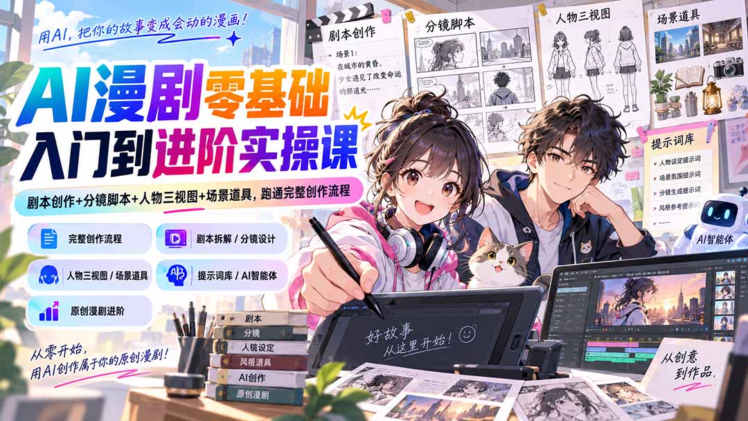 AI漫剧零基础入门到进阶实操课：剧本创作+分镜脚本+人物三视图+场景道具，跑通完整创作流程-网创资源站