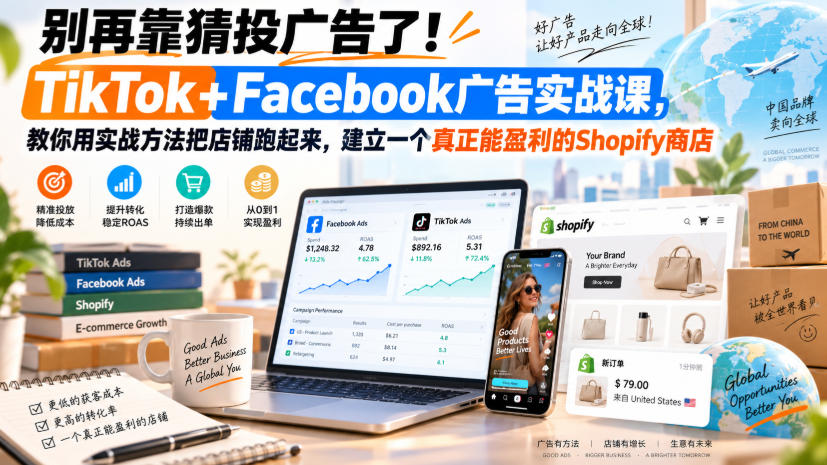 别再靠猜投广告了！TikTok+Facebook广告实战课，教你用实战方法把店铺跑起来，建立一个真正能盈利的Shopify商店【原创双语字幕】-网创资源站