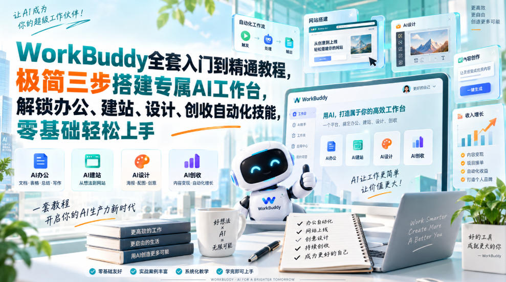 WorkBuddy全套入门到精通教程，极简三步搭建专属AI工作台，解锁办公、建站、设计、创收自动化技能，零基础轻松上手-网创资源站