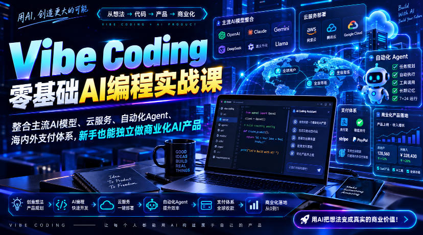 Vibe Coding零基础AI编程实战课-无水印，整合主流AI模型、云服务、自动化Agent、海内外支付体系，新手也能独立做商业化AI产品-网创资源站