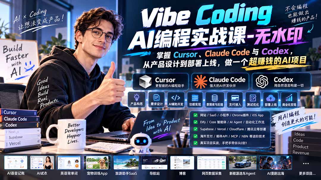 Vibe Coding AI编程实战课-无水印：掌握Cursor、Claude Code与Codex，从产品设计到部署上线，做一个超赚钱的AI项目-网创资源站