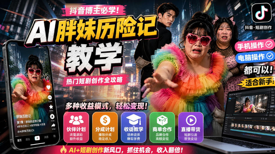 抖音博主的AI胖妹历险记教学，伙伴计划+分成计划+收徒+商单等多种收益，适合新手，手机电脑都可以操作-网创资源站