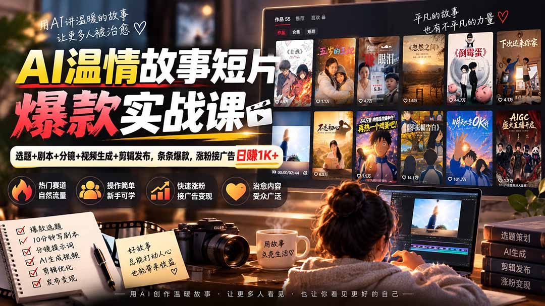 AI温情故事短片爆款实战课-更新｜选题+剧本+分镜+视频生成+剪辑发布，条条爆款，涨粉接广告日赚1K+-网创资源站