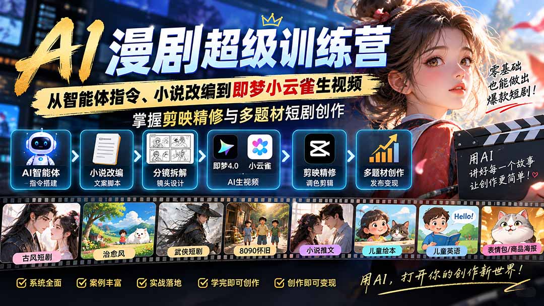 AI漫剧超级特训营：从智能体指令、小说改编到即梦小云雀生视频，掌握剪映精修与多题材短剧创作-网创资源站