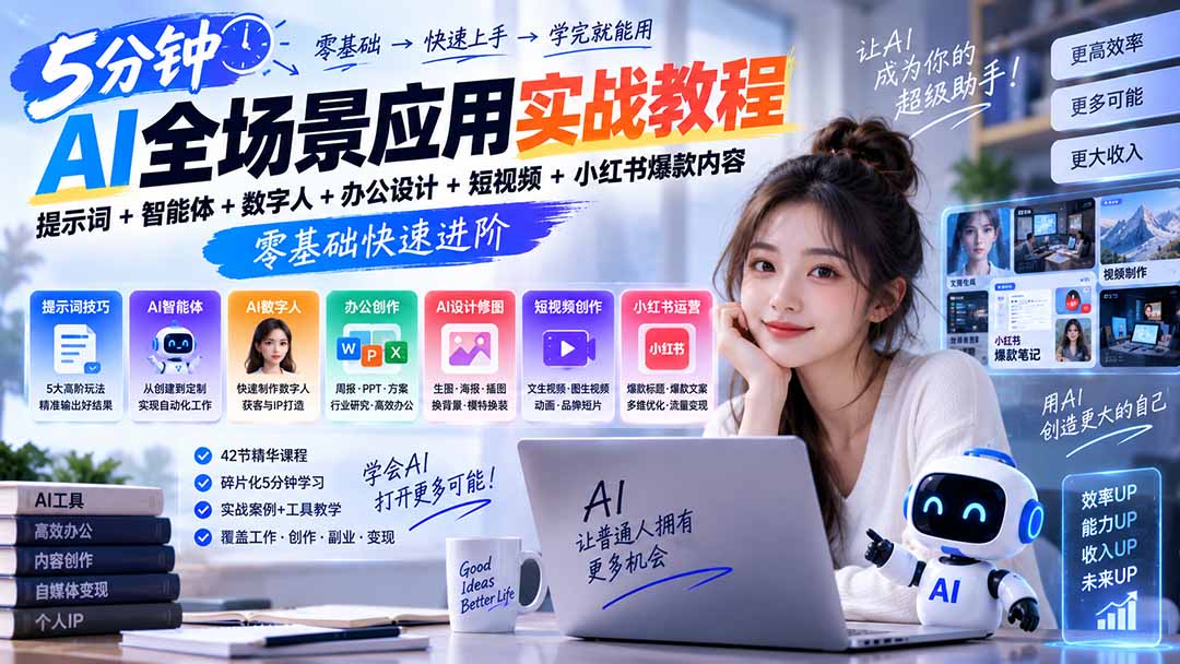AI全场景应用实战教程｜提示词+智能体+数字人+办公设计+短视频+小红书爆款内容，零基础快速进阶-网创资源站