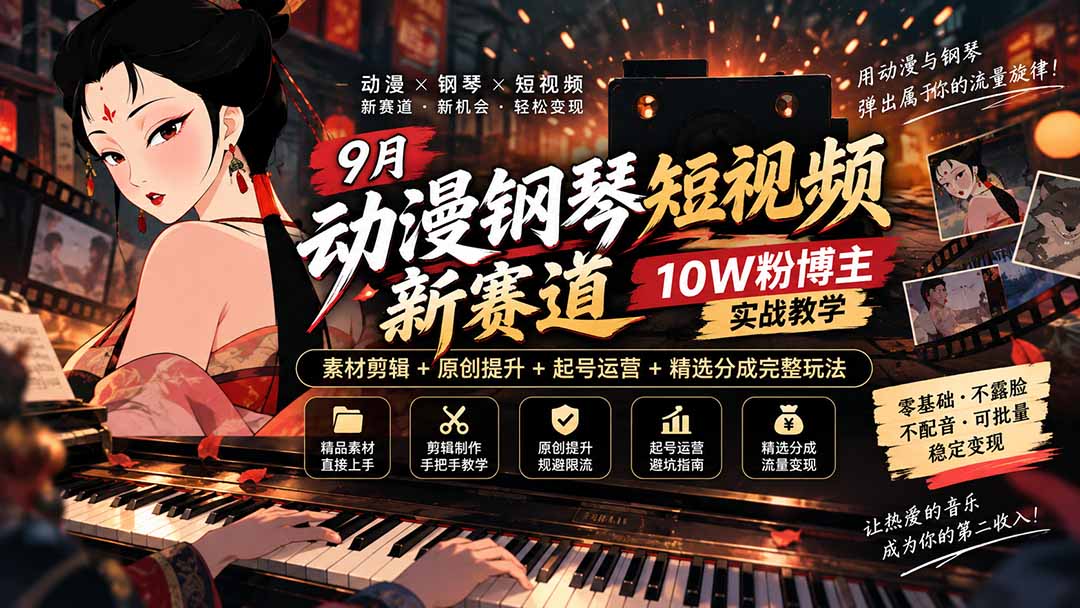 9月动漫钢琴短视频新赛道｜10W粉博主实战教学，素材剪辑+原创提升+起号运营+精选分成完整玩法-网创资源站