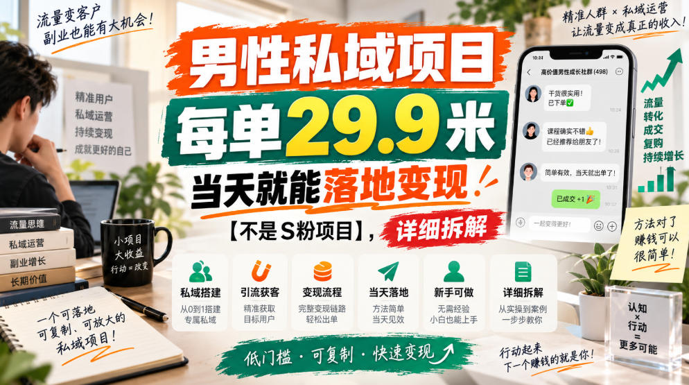 男性私域项目，每单29.9米，当天就能落地变现【不是S粉项目】，详细拆解，仅供参考-网创资源站