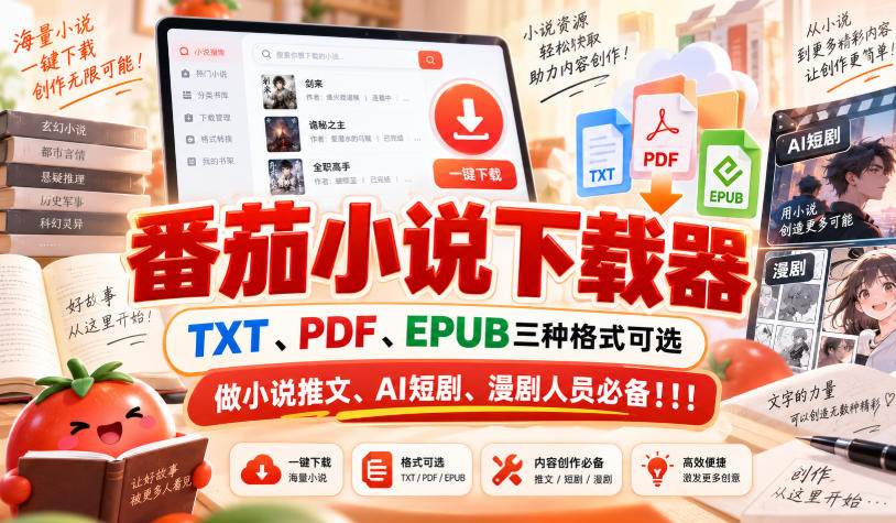 番茄小说下载器，TXT、PDF、EPUB三种格式可选，做小说推文、AI短剧、漫剧人员必备！！！-网创资源站