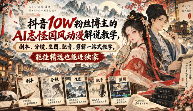 抖音10W粉丝博主满堂诡事的AI志怪国风动漫解说教学，剧本、分镜、生图、配音、剪辑一站式教学，能挂精选也能进独家​-网创资源站
