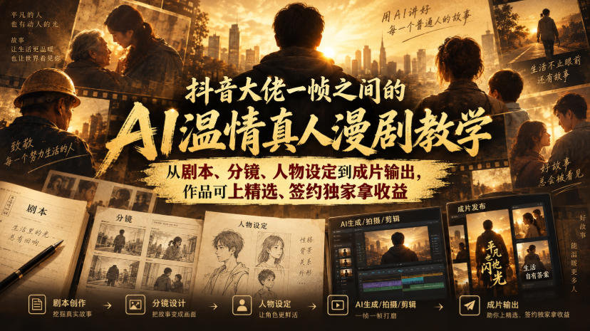 抖音大佬一帧之间的AI温情真人漫剧教学，从剧本、分镜、人物设定到成片输出，作品可上精选、签约独家拿收益-网创资源站