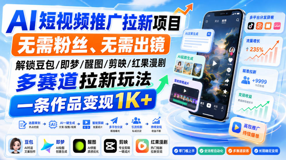 AI短视频推广拉新项目，无需粉丝、无需出镜，解锁豆包/即梦/醒图/剪映/红果漫剧多赛道拉新玩法，一条作品变现1K+(更新0918)-网创资源站