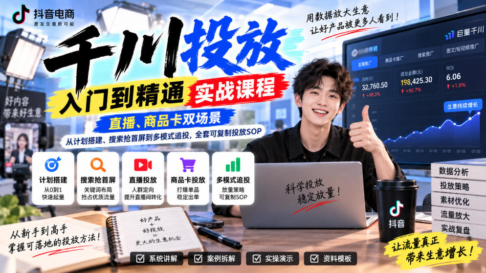 千川投放入门到精通实战课程，直播、商品卡双场景，从计划搭建、搜索抢首屏到多模式追投，全套可复制投放SOP-网创资源站