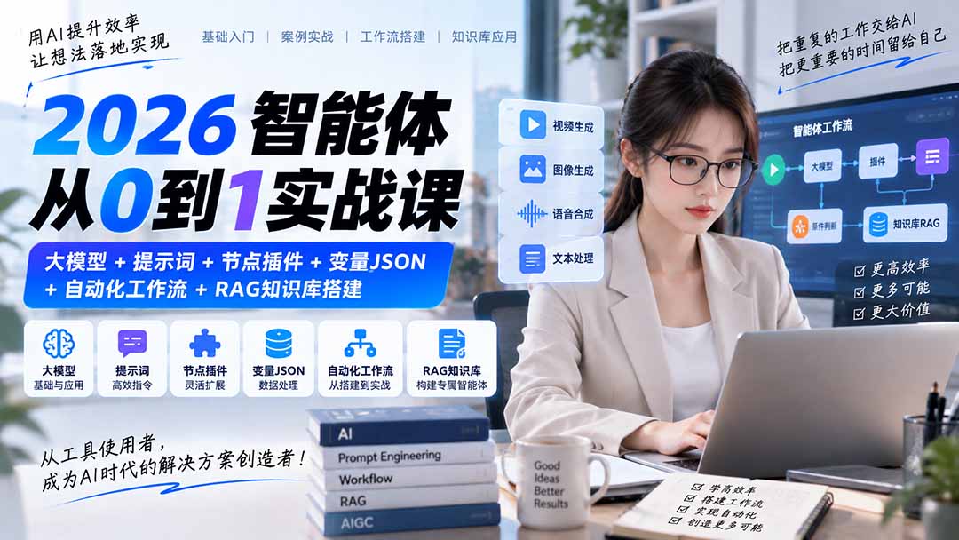 2026智能体从0到1实战课｜大模型+提示词+节点插件+变量JSON+自动化工作流+RAG知识库搭建-网创资源站