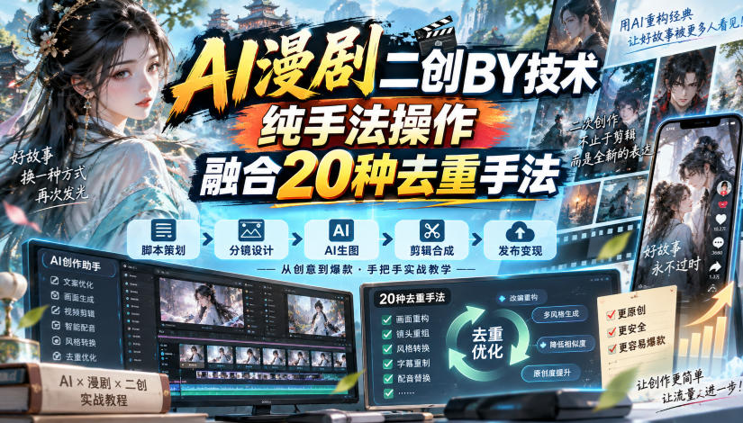 AI漫剧二创搬运技术，纯手法操作，融合20种去重手法-网创资源站