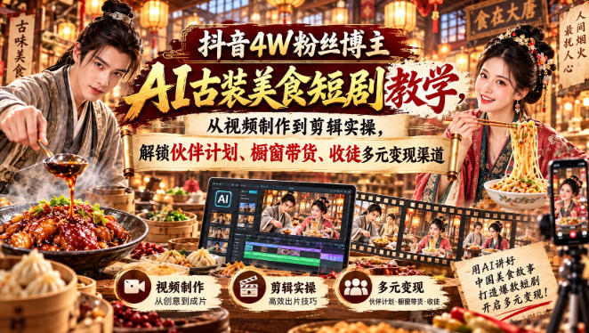 抖音4W粉丝博主AI古装美食短剧教学，从视频制作到剪辑实操，解锁伙伴计划、橱窗带货、收徒多元变现渠道-网创资源站