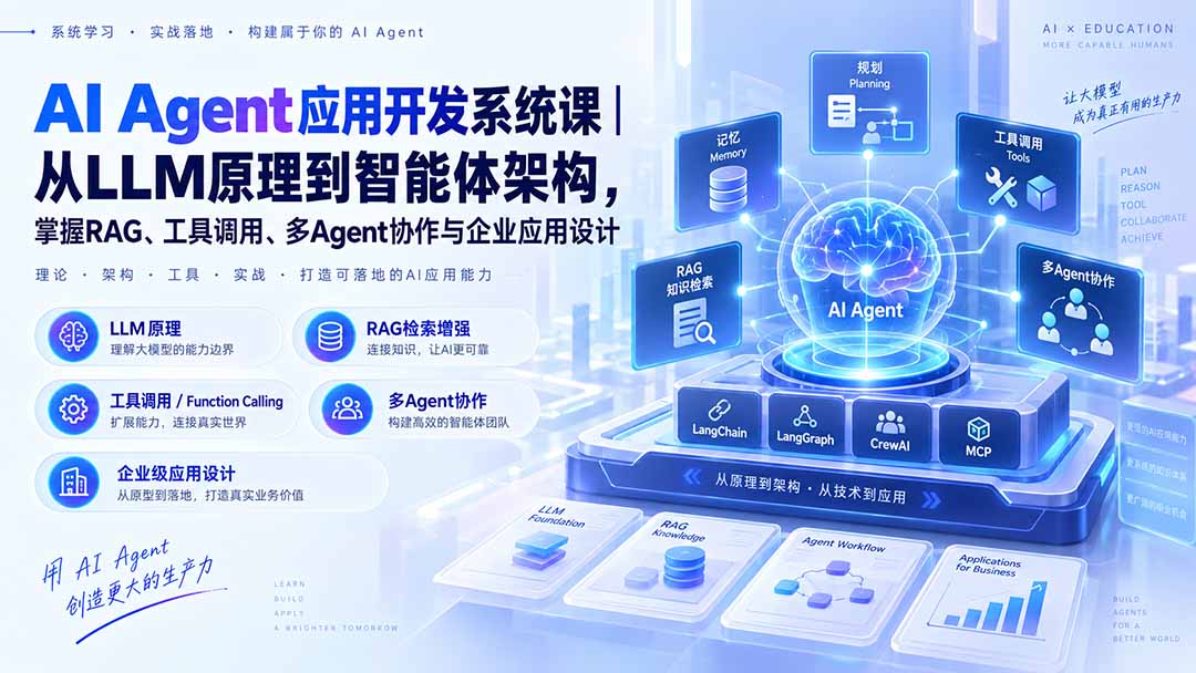 AI Agent应用开发系统课-179节｜从LLM原理到智能体架构，掌握RAG、工具调用、多Agent协作与企业应用设计-网创资源站