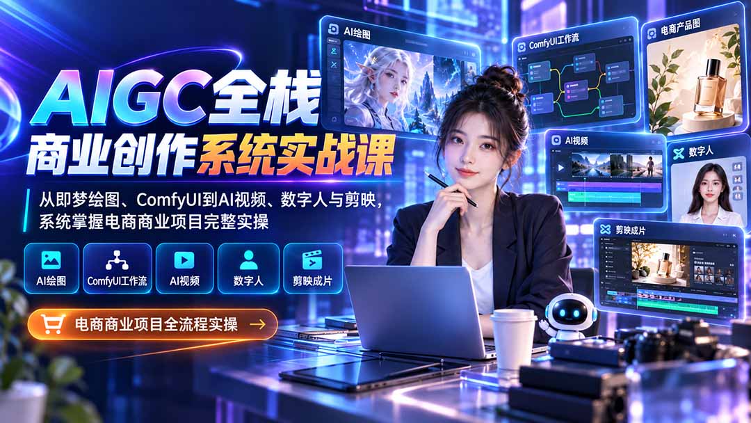 AIGC全栈商业创作系统实战课-无水印：从即梦绘图、ComfyUI到AI视频、数字人与剪映，系统掌握电商商业项目完整实操-网创资源站