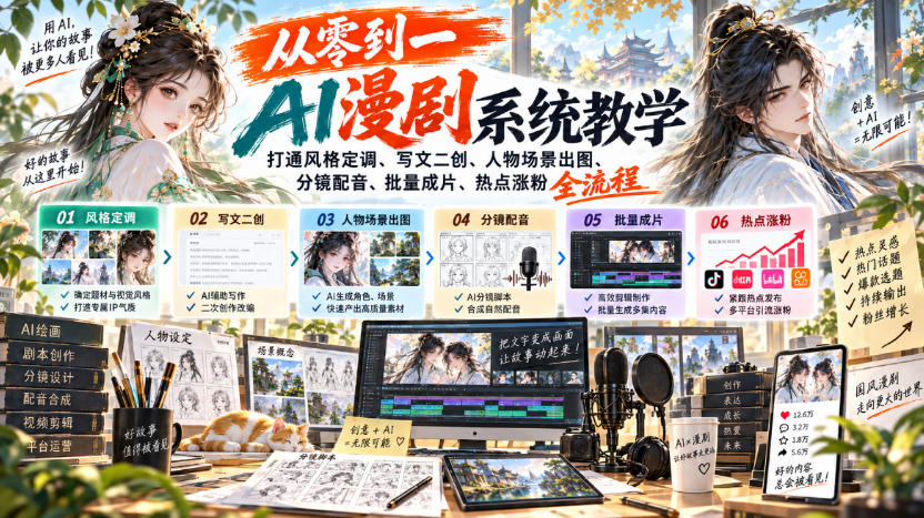 从零到一AI漫剧系统教学，打通风格定调、写文二创、人物场景出图、分镜配音、批量成片、热点涨粉全流程-网创资源站