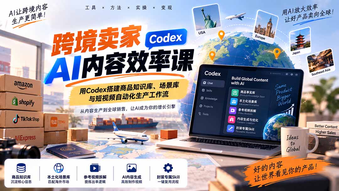 跨境卖家AI内容效率课：用Codex搭建商品知识库、场景库与短视频自动化生产工作流-网创资源站