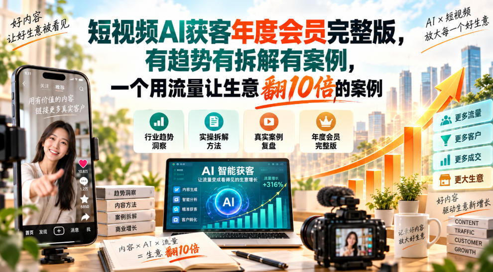 短视频AI获客年度会员完整版，有趋势有拆解有案例，一个用流量让生意翻10倍的案例-网创资源站