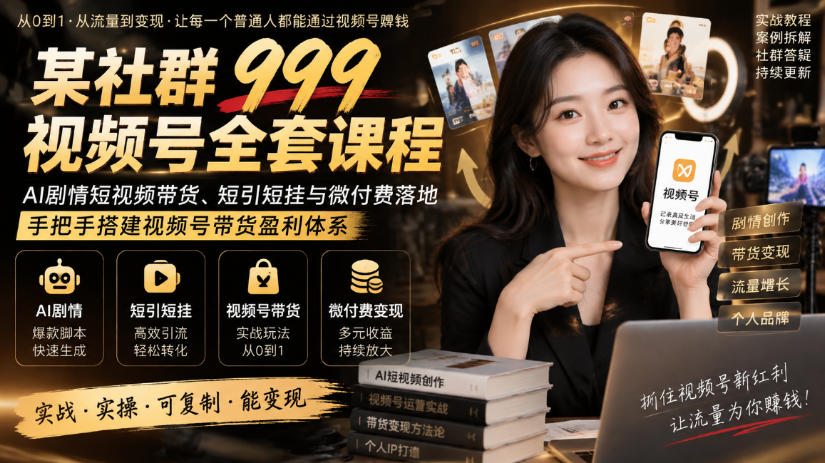某社群999视频号全套课程，AI剧情短视频带货、短引短挂与微付费落地，手把手搭建视频号带货盈利体系-网创资源站