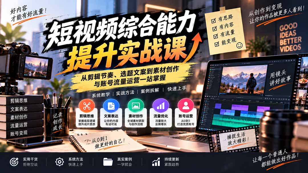 短视频综合能力提升实战课：从剪辑节奏、选题文案到素材创作与账号流量运营一站掌握-网创资源站
