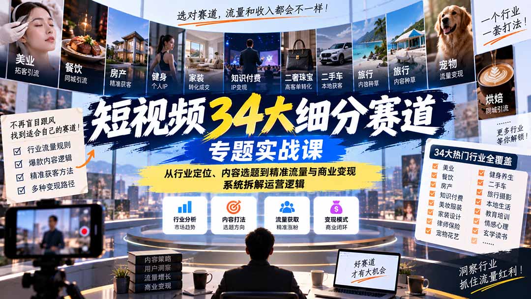 短视频34大细分赛道专题实战课：从行业定位、内容选题到精准流量与商业变现，系统拆解运营逻辑-网创资源站