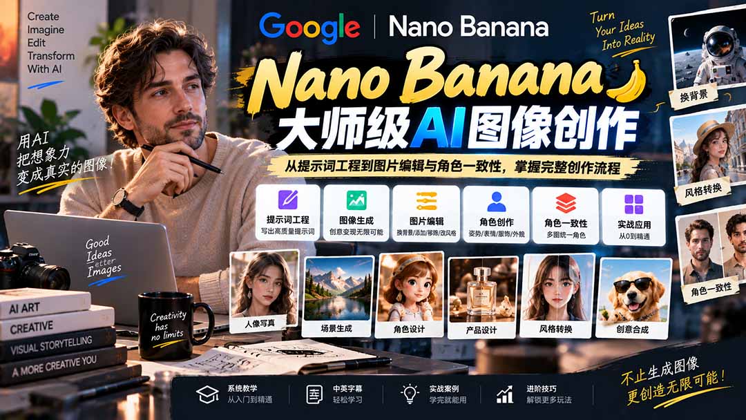 【无水印】Nano Banana大师级AI图像实战课：从提示词工程到图片编辑与角色一致性，掌握完整创作流程-网创资源站
